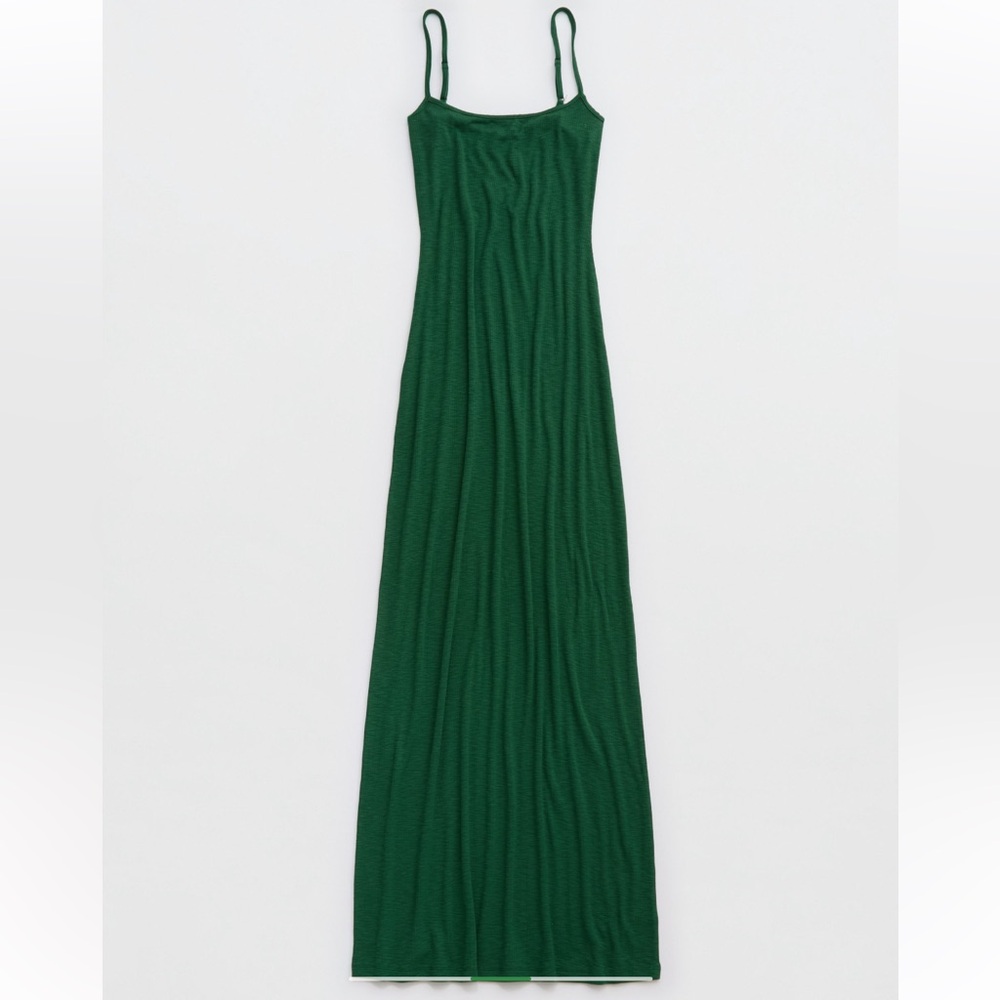 aerie Maxi Dress in Forest Green Ribbed Knit with Spaghetti Straps Women’s Large - Picture 2 of 5